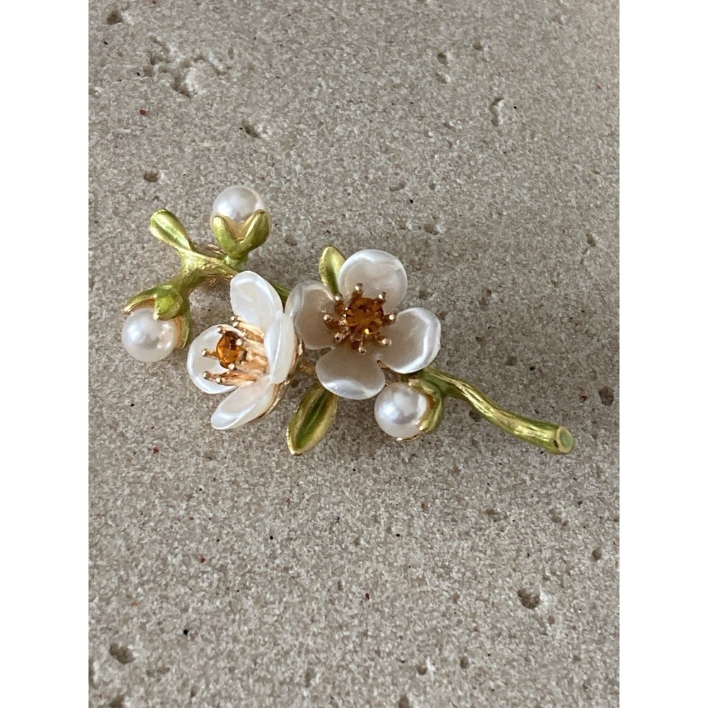 Floral Branch Brooch White Faux Pearl Cherry Blossoms Rhinestone Green Enamel